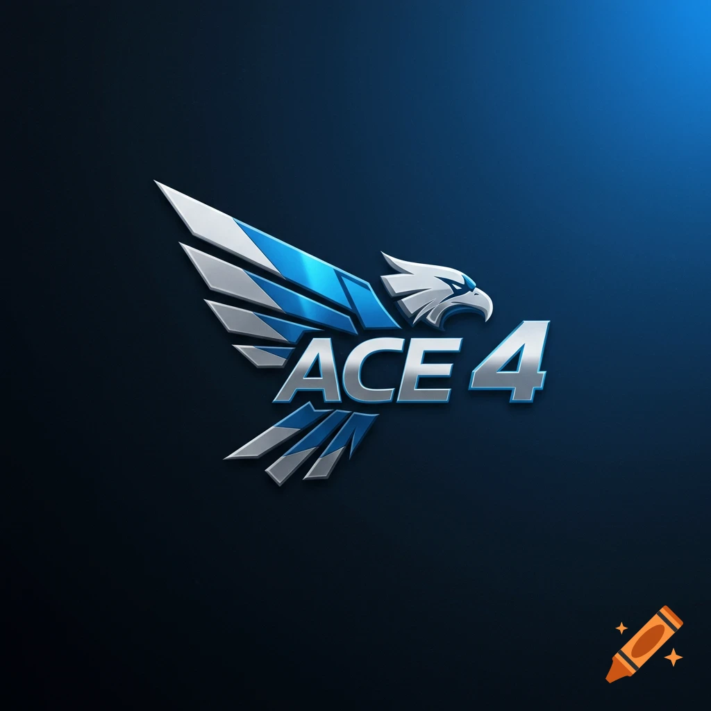 A metallic logo with an eagle head and wings integrated with the text 'ACE 4' in blue and silver.