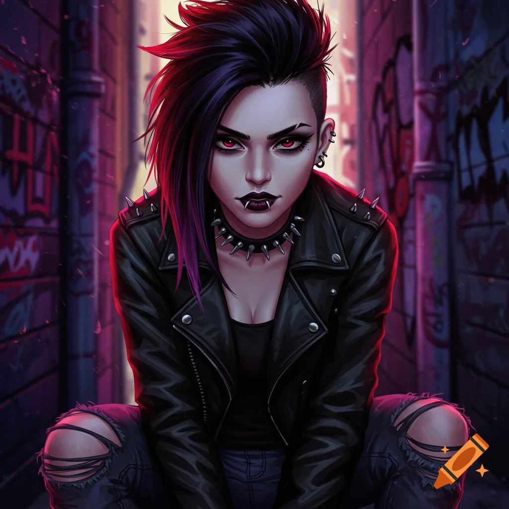 An illustration of a person with a punk/gothic look, red eyes, and fangs crouching in a dark alley with graffiti.
