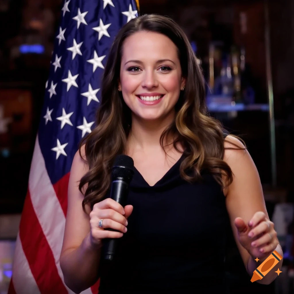 A woman speaks into a microphone in front of an American flag.