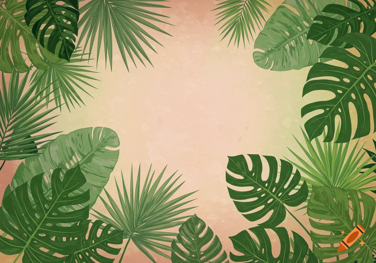 Tropical leaves frame a light background.