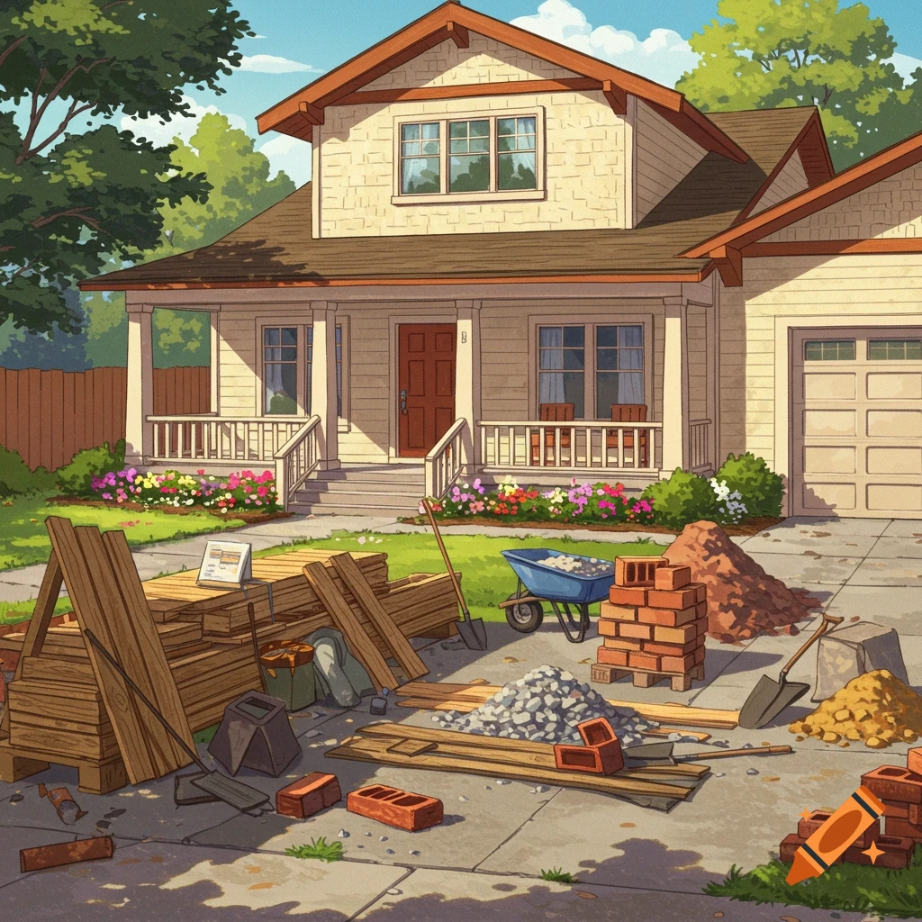 house alongside pile of construction materials