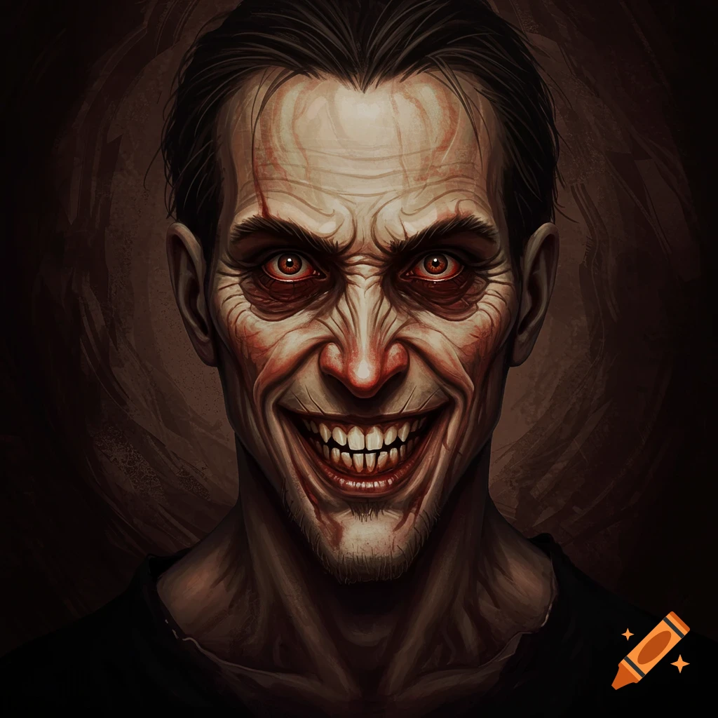 Illustration of a man with a wide, terrifying grin, red eyes, and bloodstains.