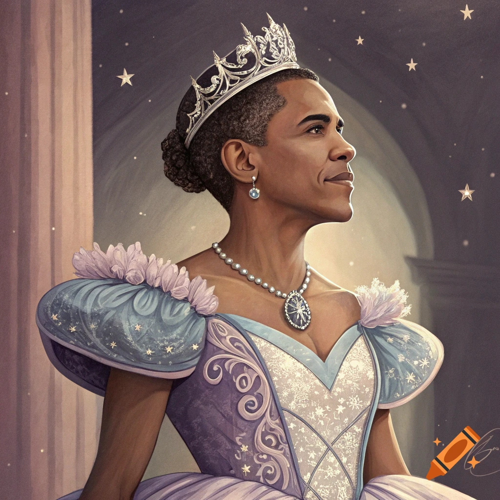 Illustration of Barack Obama dressed as a princess wearing a tiara, pearl necklace, and blue gown.