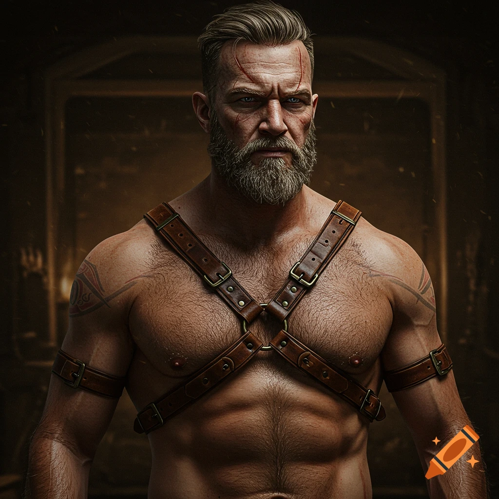 Portrait of a muscular man with scars and tattoos wearing a leather harness.