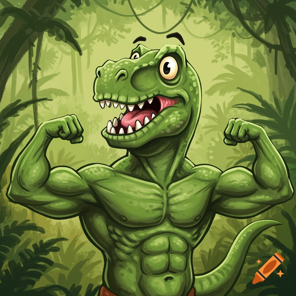 A goofy T-Rex flexing its biceps