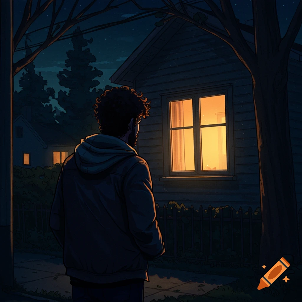 Illustration of a man looking into a brightly lit house window from a street at night.