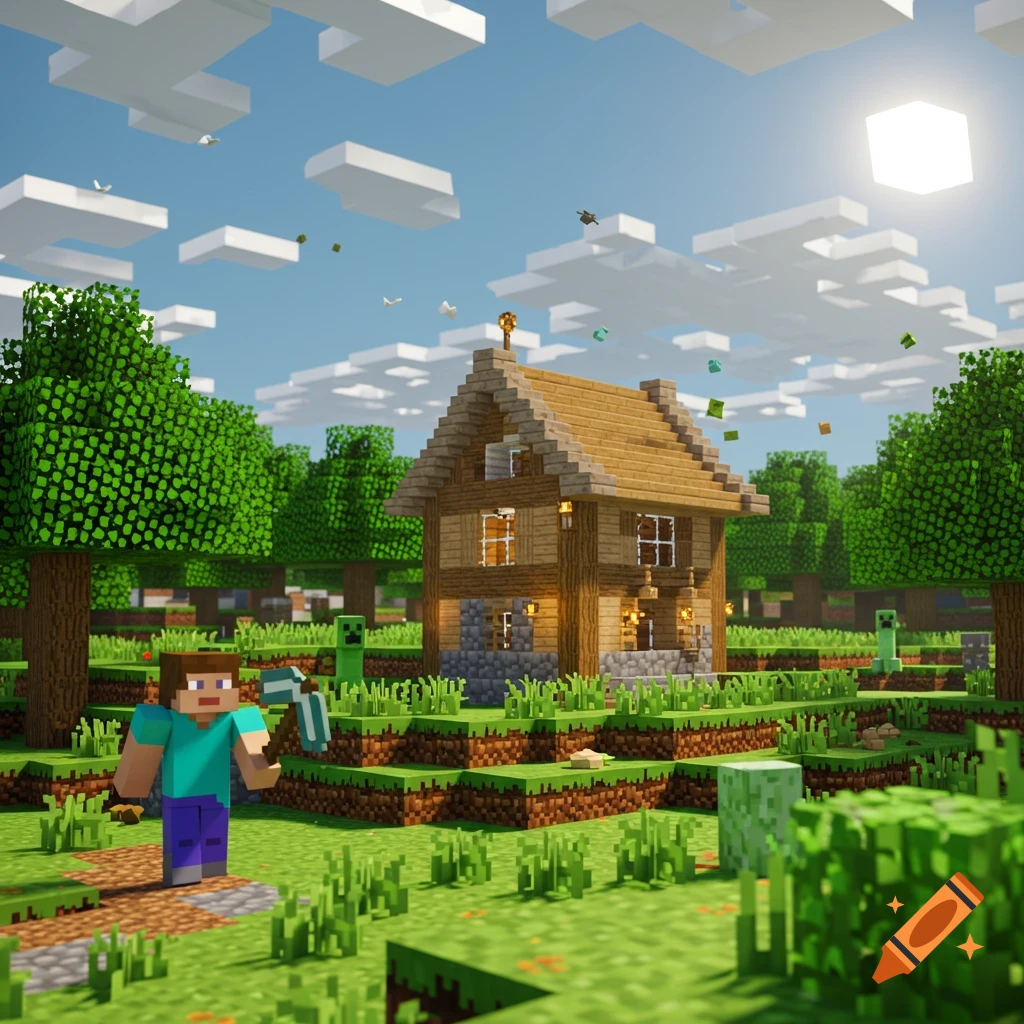 Steve stands near a blocky house in a Minecraft-style landscape with trees and creepers