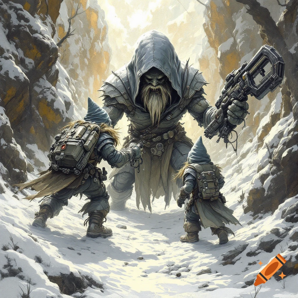 A giant hooded figure holding a large weapon confronts two smaller hooded figures in a snowy mountain pass, fantasy art style.