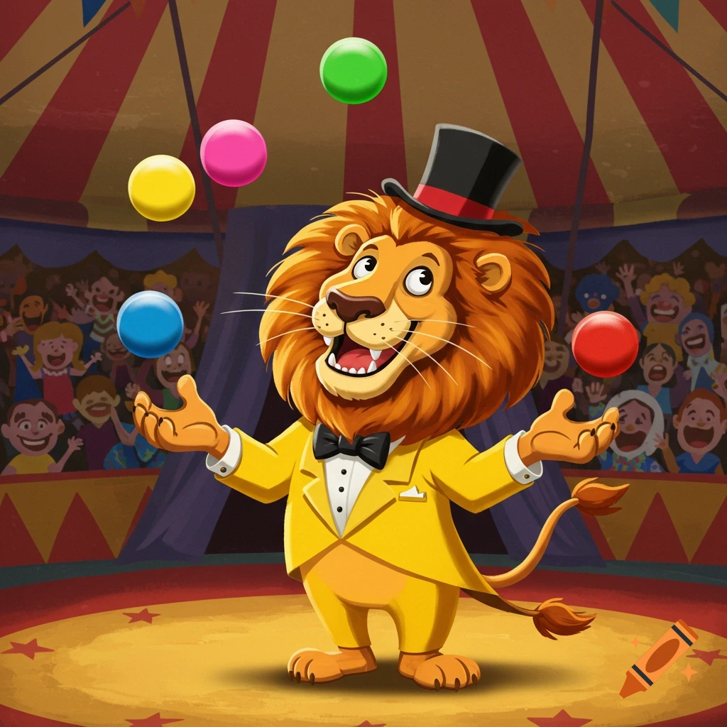 A funny cartoon lion in a yellow suit and top hat juggles colorful balls in a circus tent.