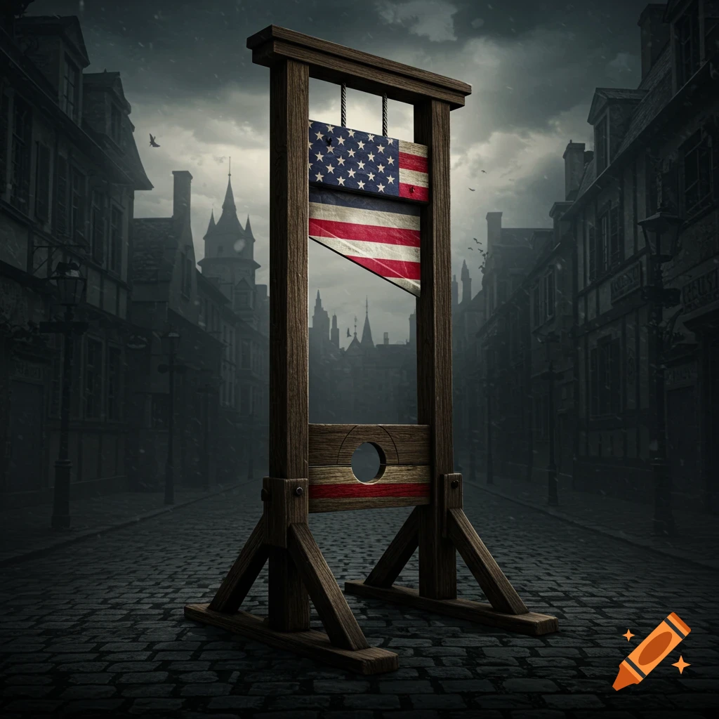 A guillotine with an American flag for a blade stands in a dark, cobblestone street with historical buildings.