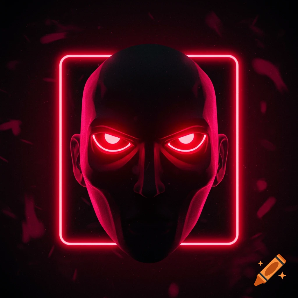 Squid Game Front Man logo with red eyes and neon lights
