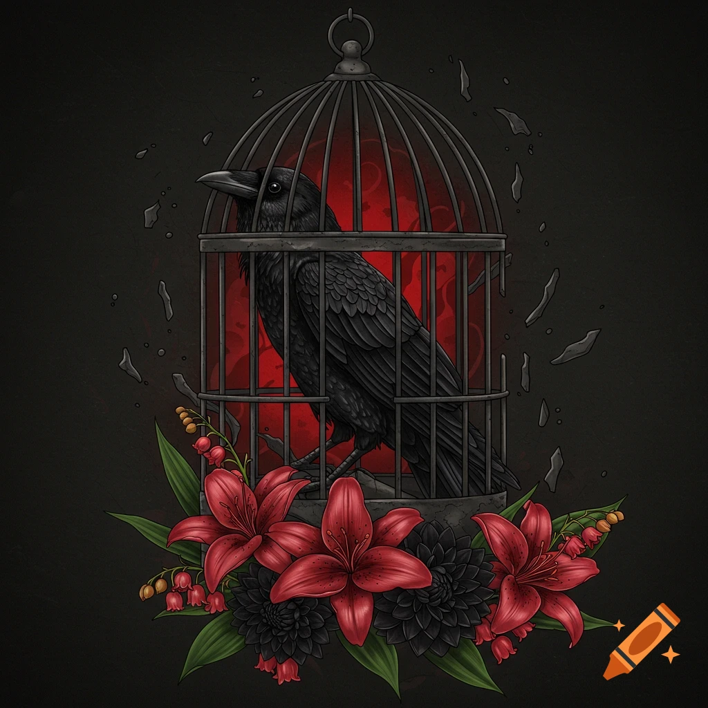 Illustration of a black raven in a broken cage surrounded by red lilies and black dahlias.