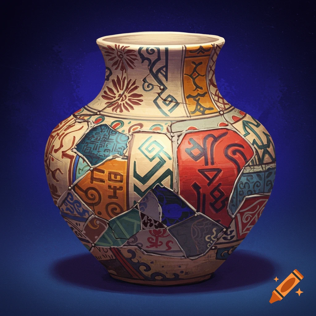 An illustrative depiction of a ceramic vase patched together with various colorful patterns against a blue background.