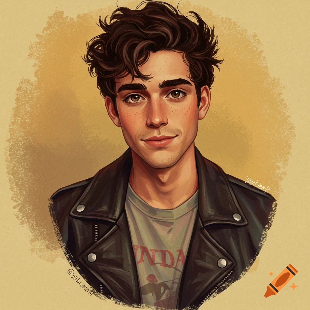 Stylized portrait illustration of a young man with messy brown hair, freckles, wearing a leather jacket.