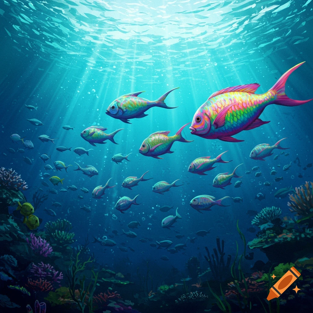 Colorful fish swim among coral reefs underwater with sunlight rays shining down