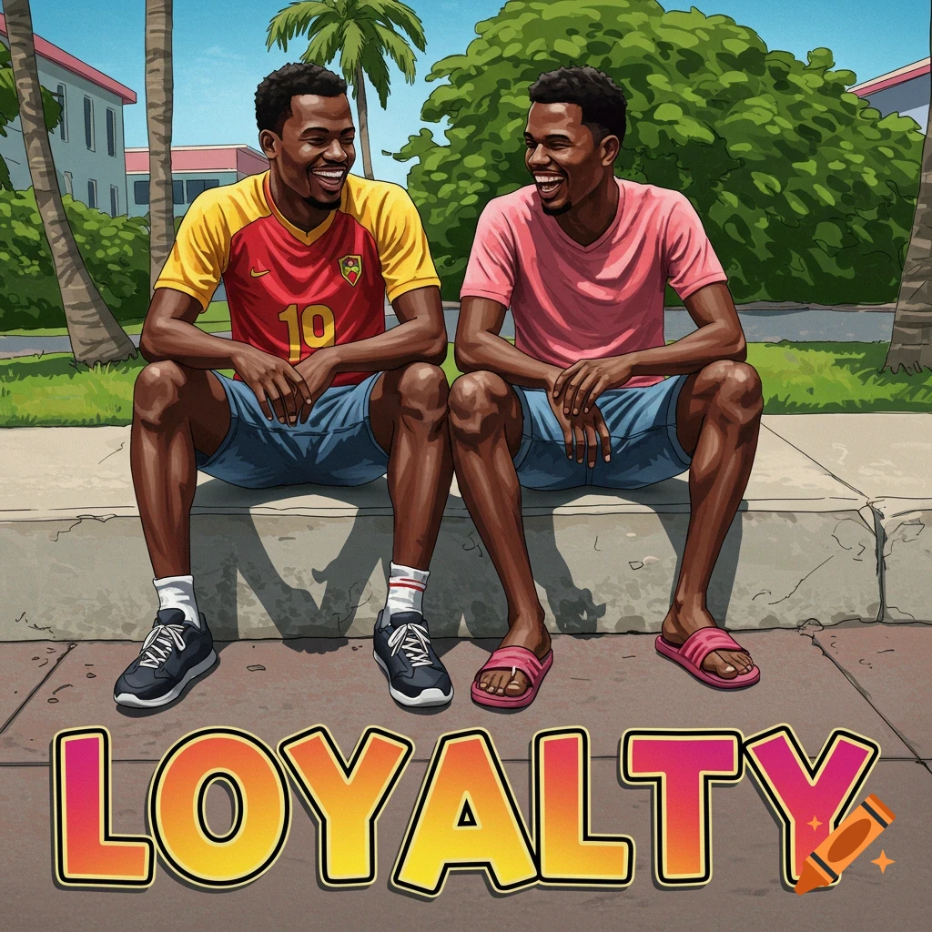 Illustration of two men sitting on a sidewalk with palm trees and the text 'LOYALTY'