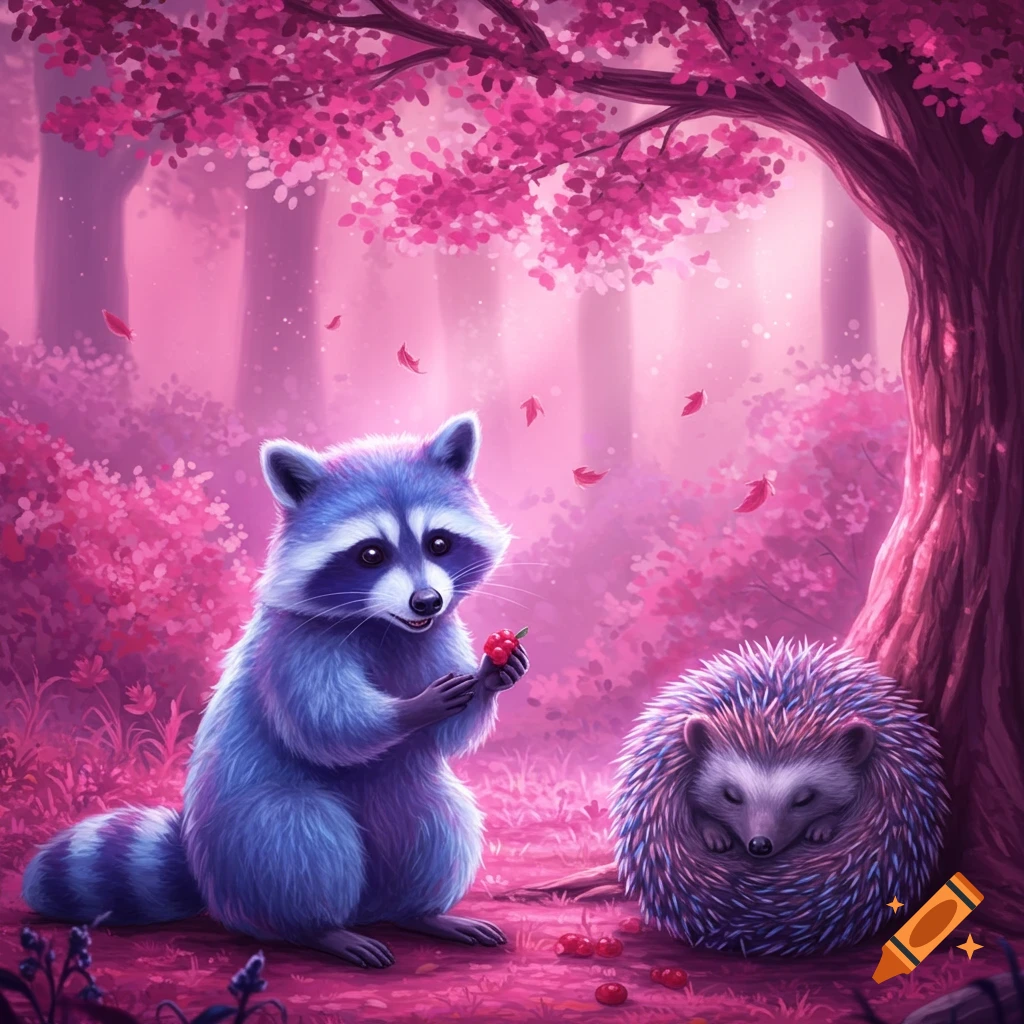 A blue and purple raccoon holds a berry next to a curled-up hedgehog in a pink forest. Illustration.