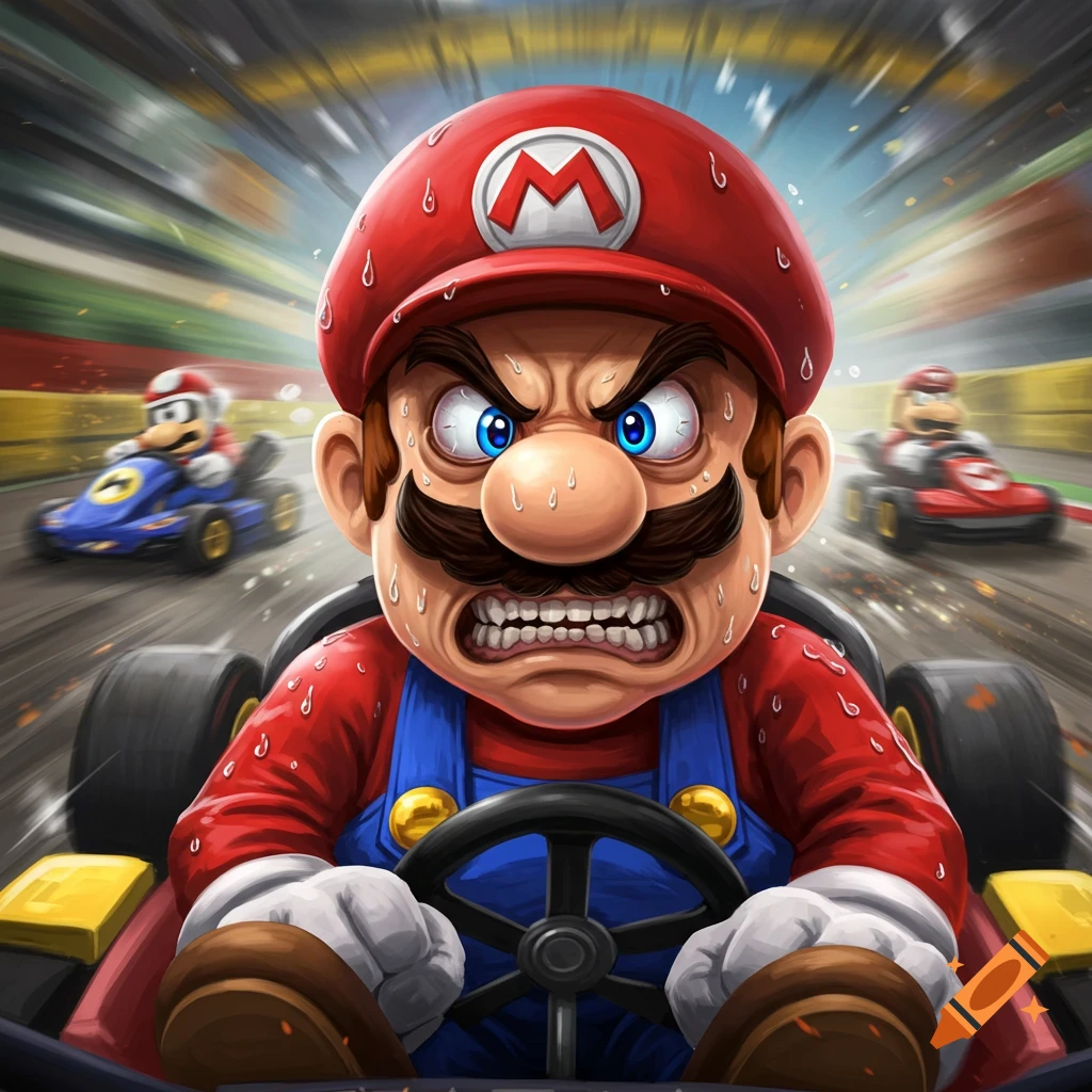 Angry Mario in a go-kart race, sweating intensely.