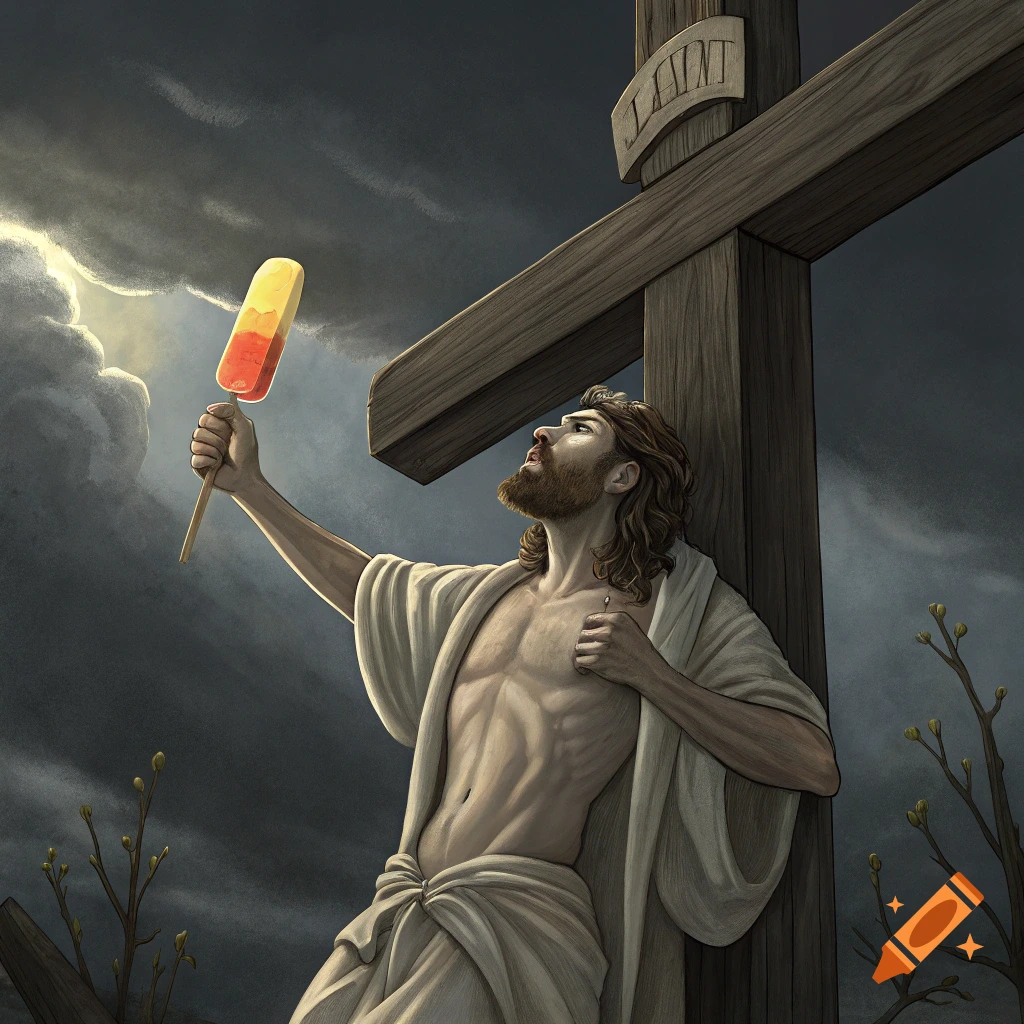 Illustration of Jesus on the cross holding a popsicle against a stormy sky.