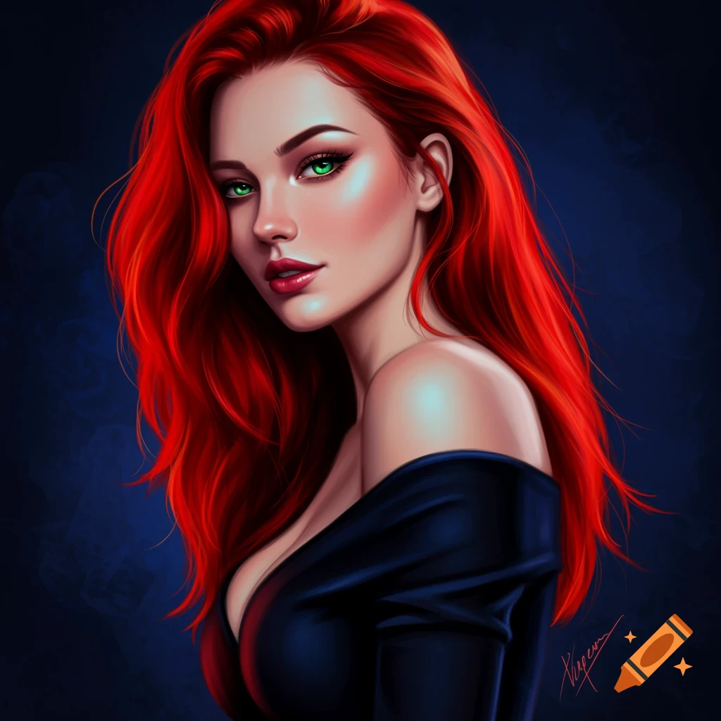 Digital art portrait of a woman with red hair and green eyes in an off-the-shoulder dress.