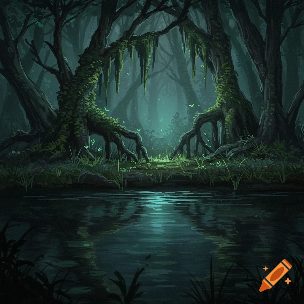 Dark, atmospheric illustration of an enchanted forest pond with moss-draped trees reflected in the water.