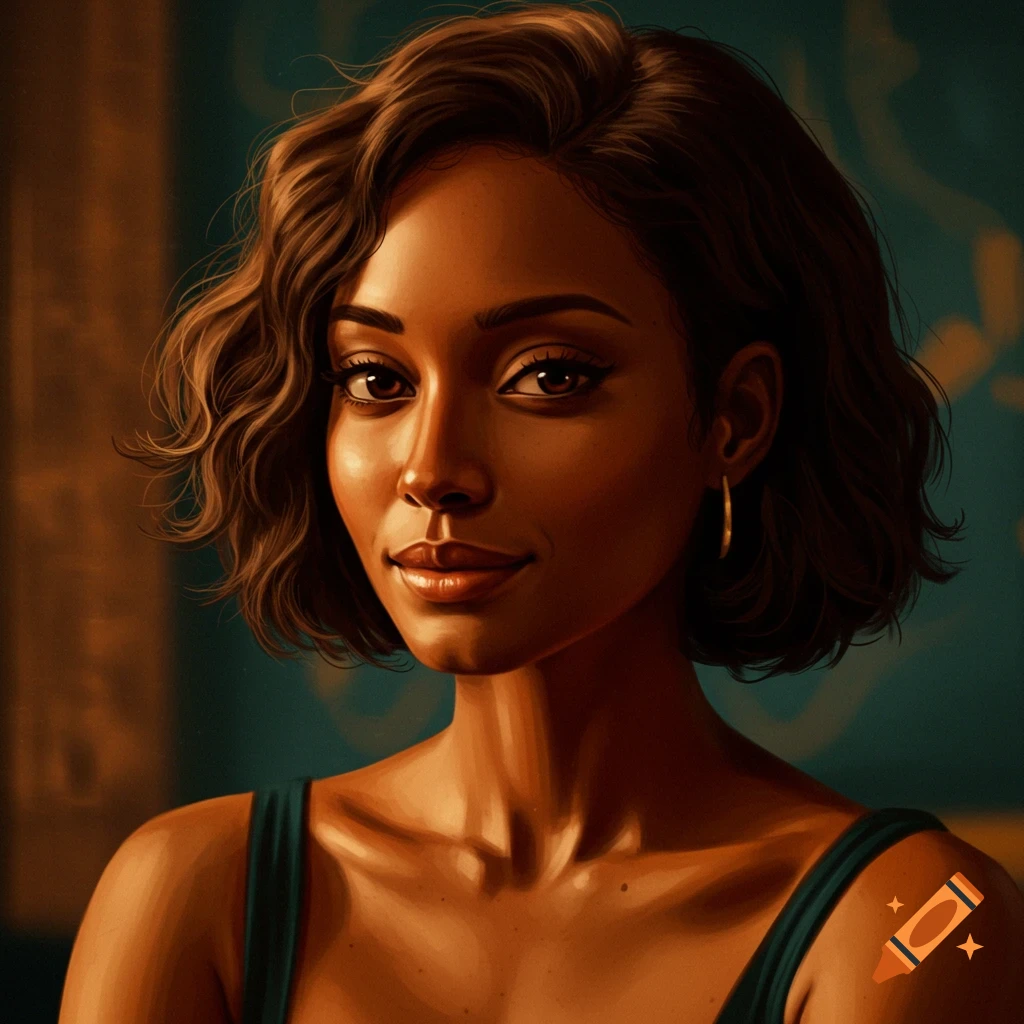 Close-up portrait of a woman with warm brown skin, short wavy hair, and gold hoop earrings.