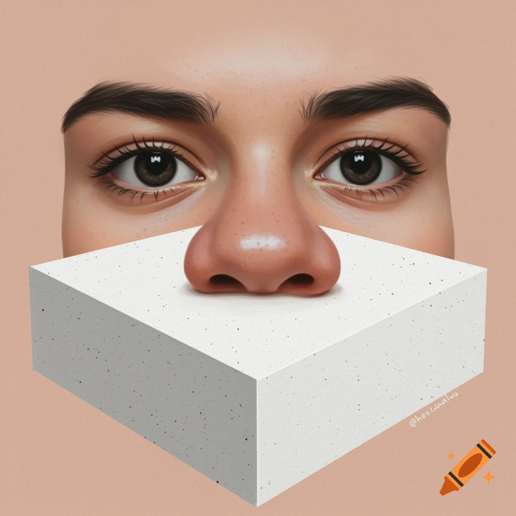 Close-up illustration of human eyes and nose looking over a white cube.