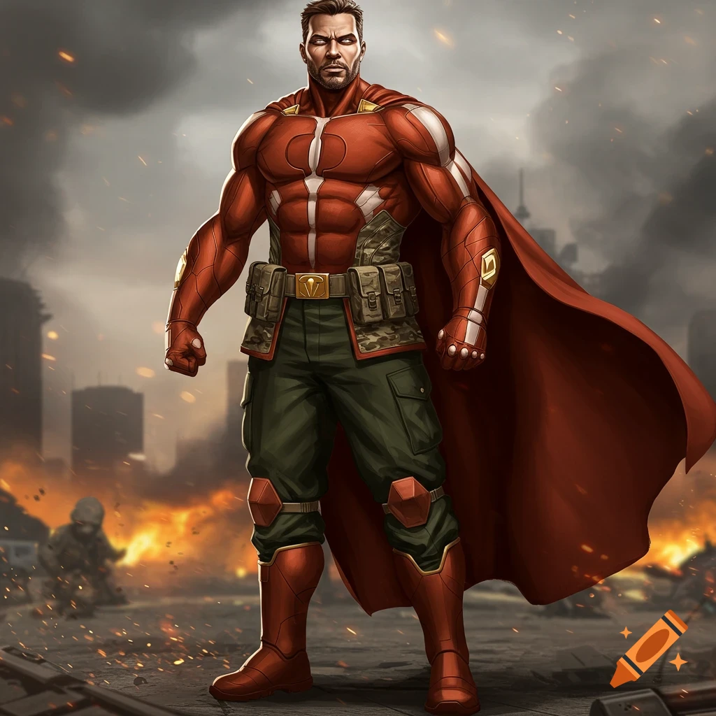 A muscular superhero in a red and camouflage uniform stands in a ruined city.