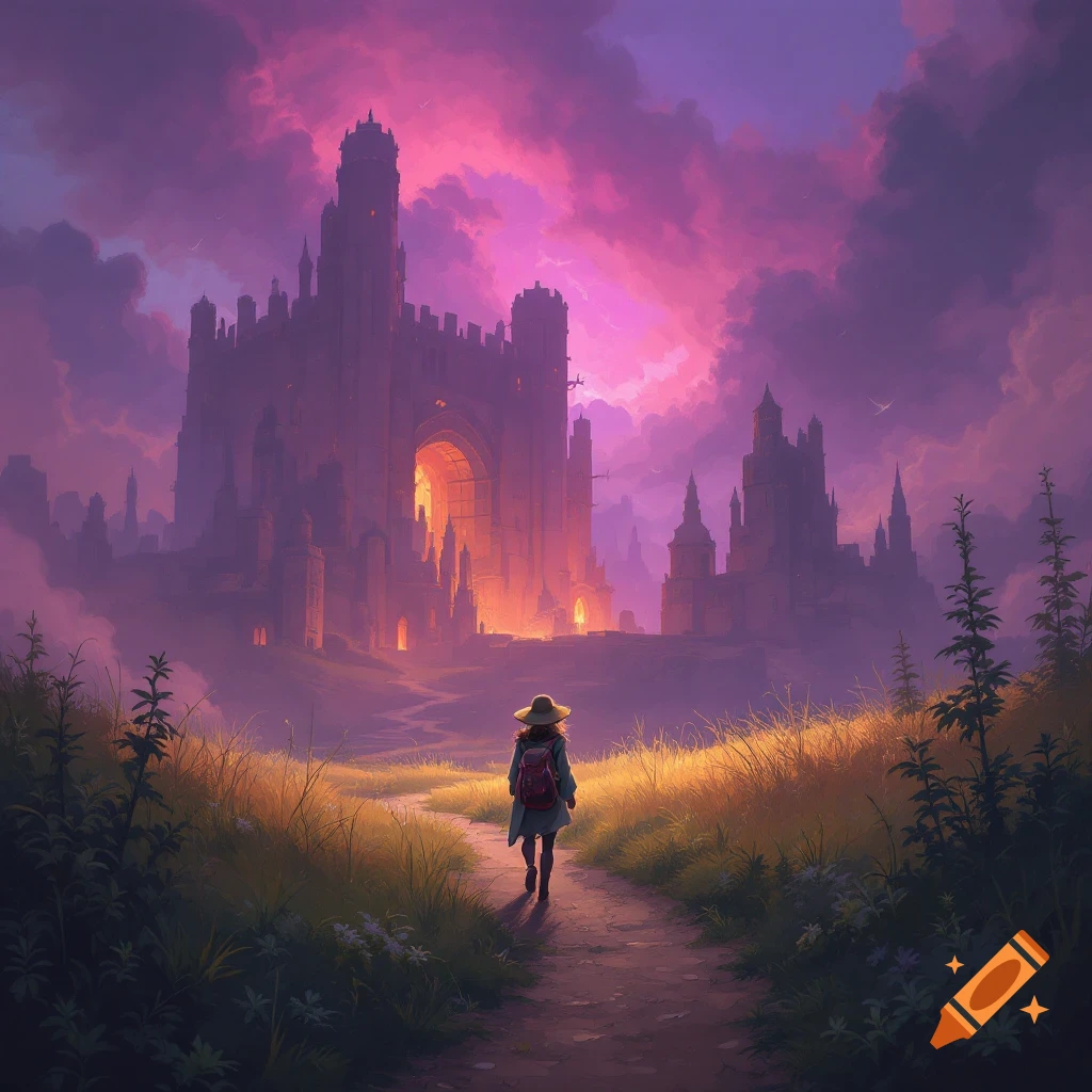 A person walks on a path toward a large fantasy castle under a dramatic purple sky.