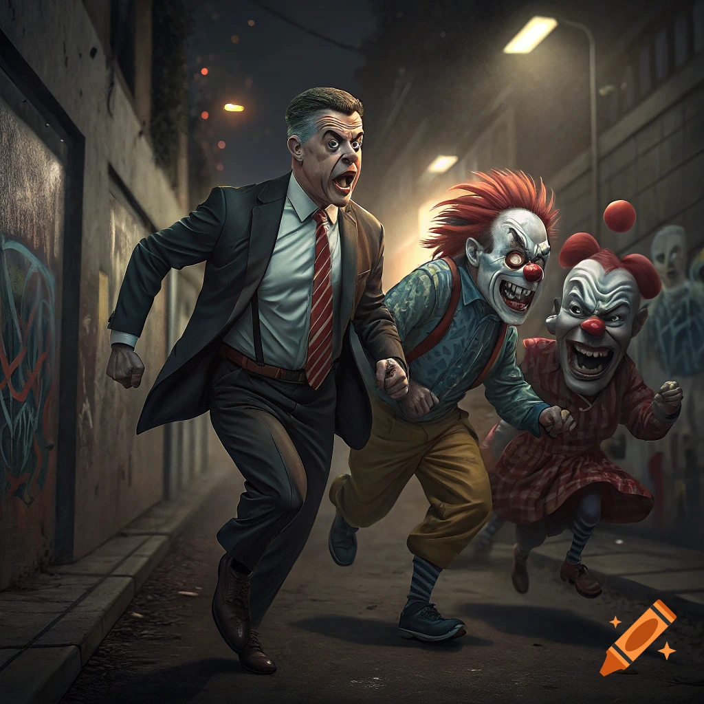 Senator Jim Banks being chased by angry clowns