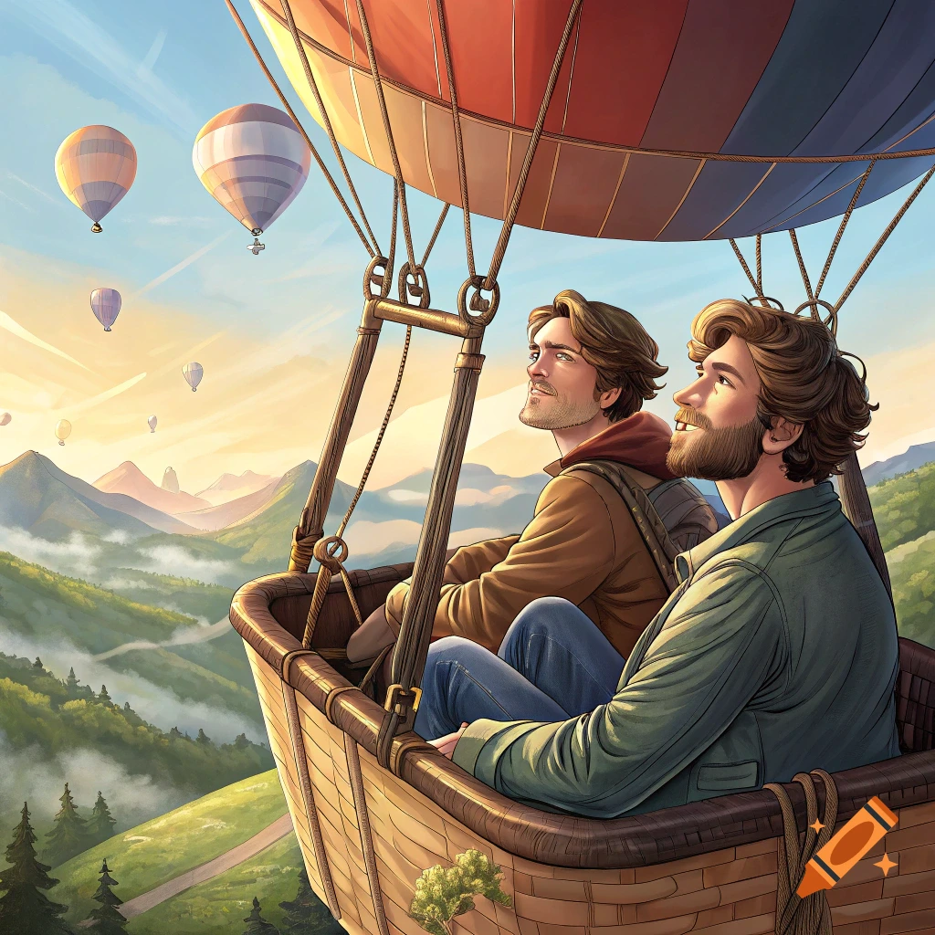 Two men in a hot air balloon float over a mountainous landscape at sunset