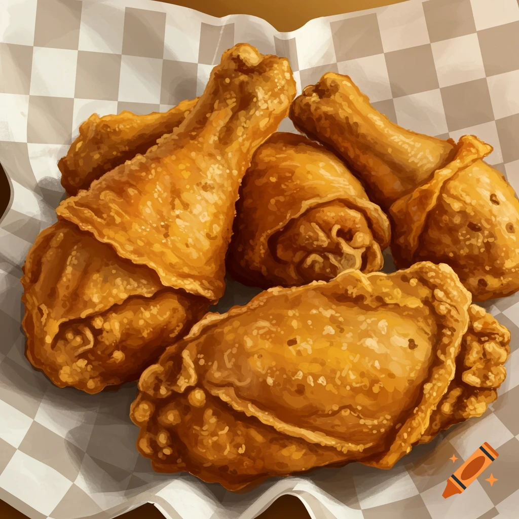 Close-up of several pieces of fried chicken on checkered paper.