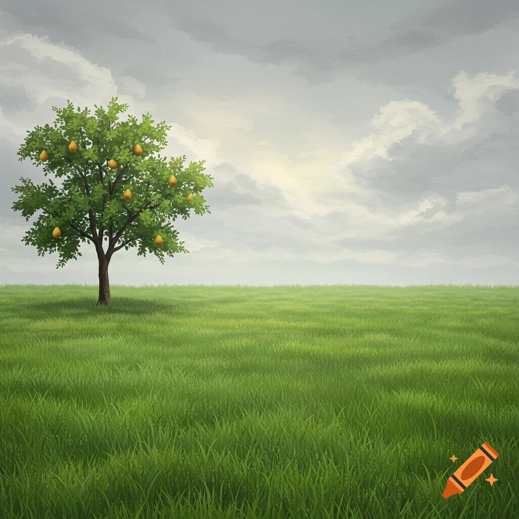 Illustration of a tree with yellow fruit in a grassy field under a cloudy grey sky.