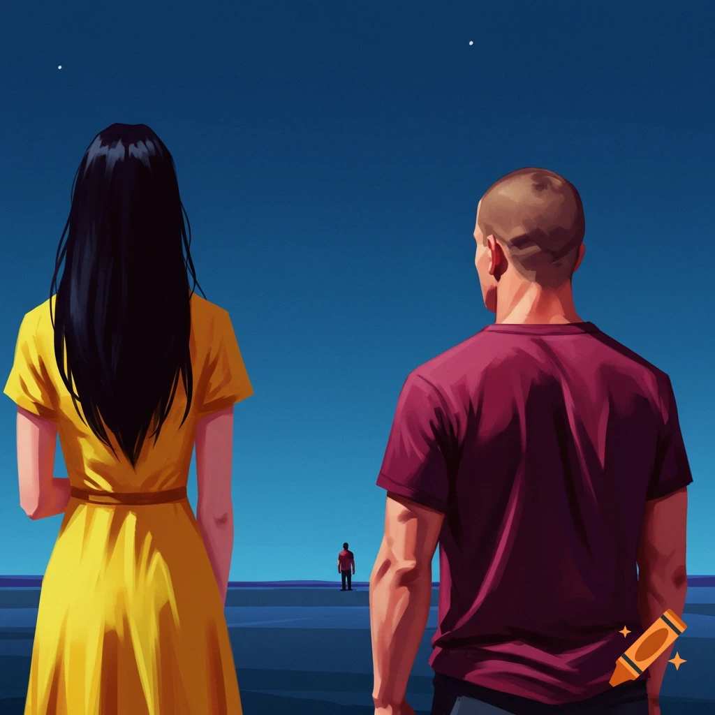 The backs of a man and woman look at a distant figure under a stylized night sky with stars.