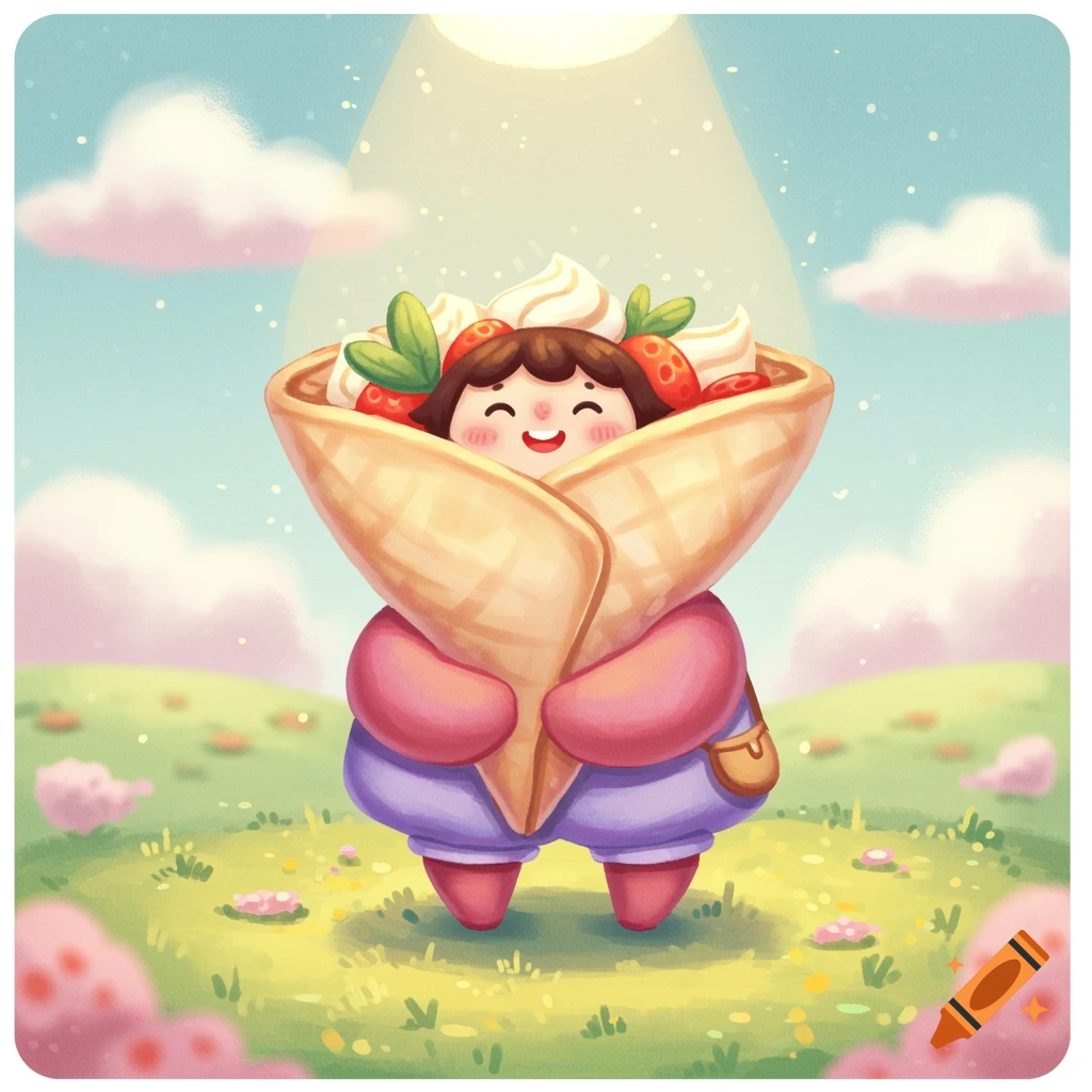 Cute cartoon character wrapped in a giant crepe like a blanket, standing in a grassy field with clouds and sun rays.