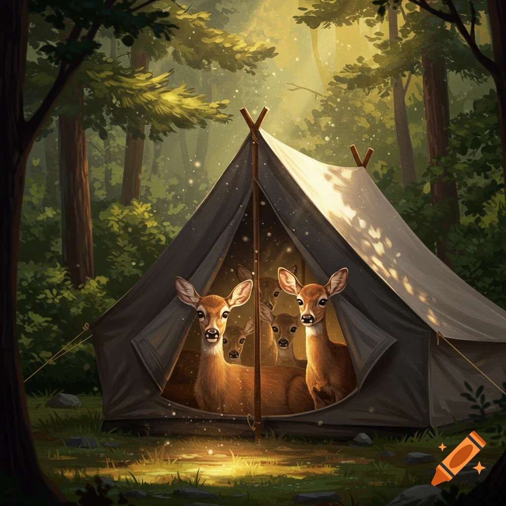 Several deer look out from inside a tent in a forest.