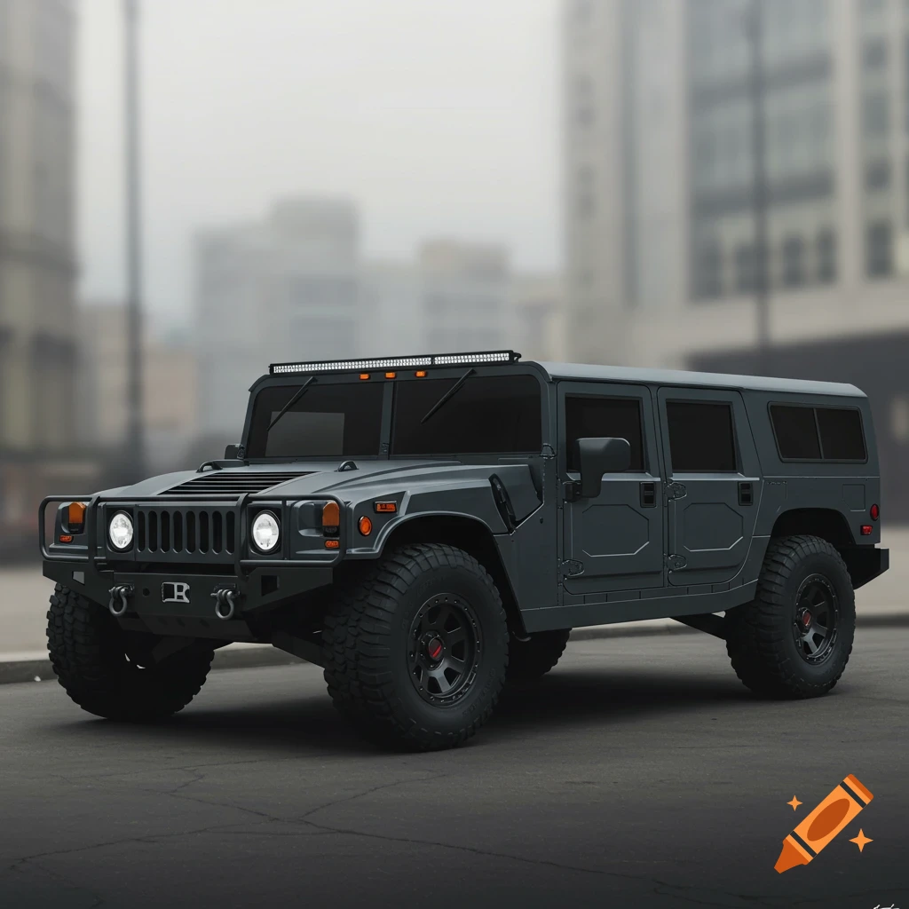 A dark grey Hummer H1 parked on a street.