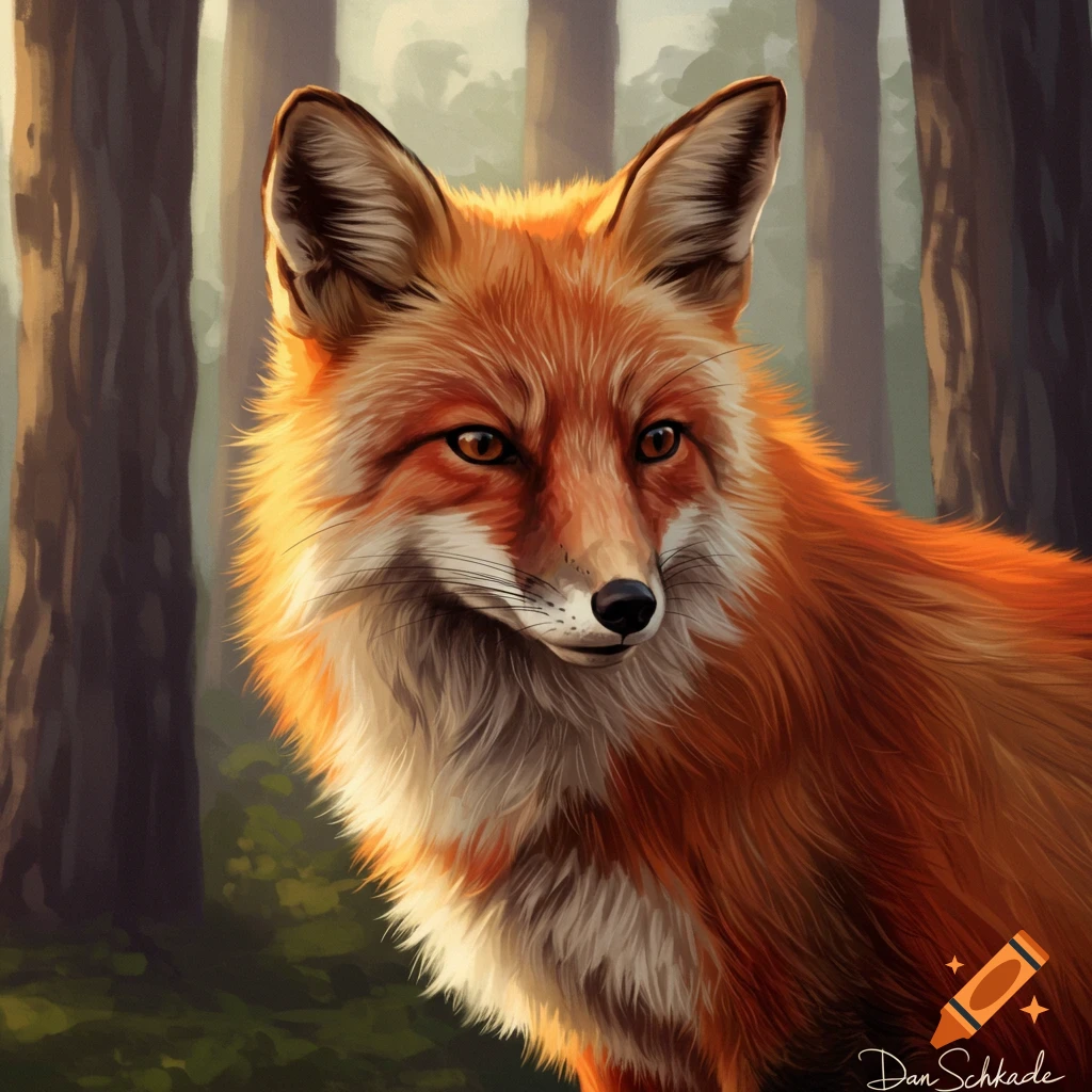 Illustration of a red fox portrait in a sunlit forest.