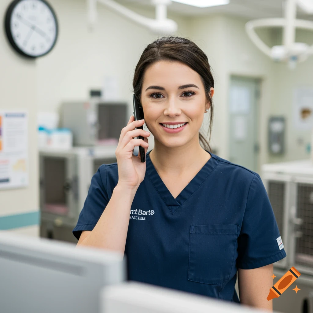 A woman in navy blue scrubs talks on a phone in a vet clinic.