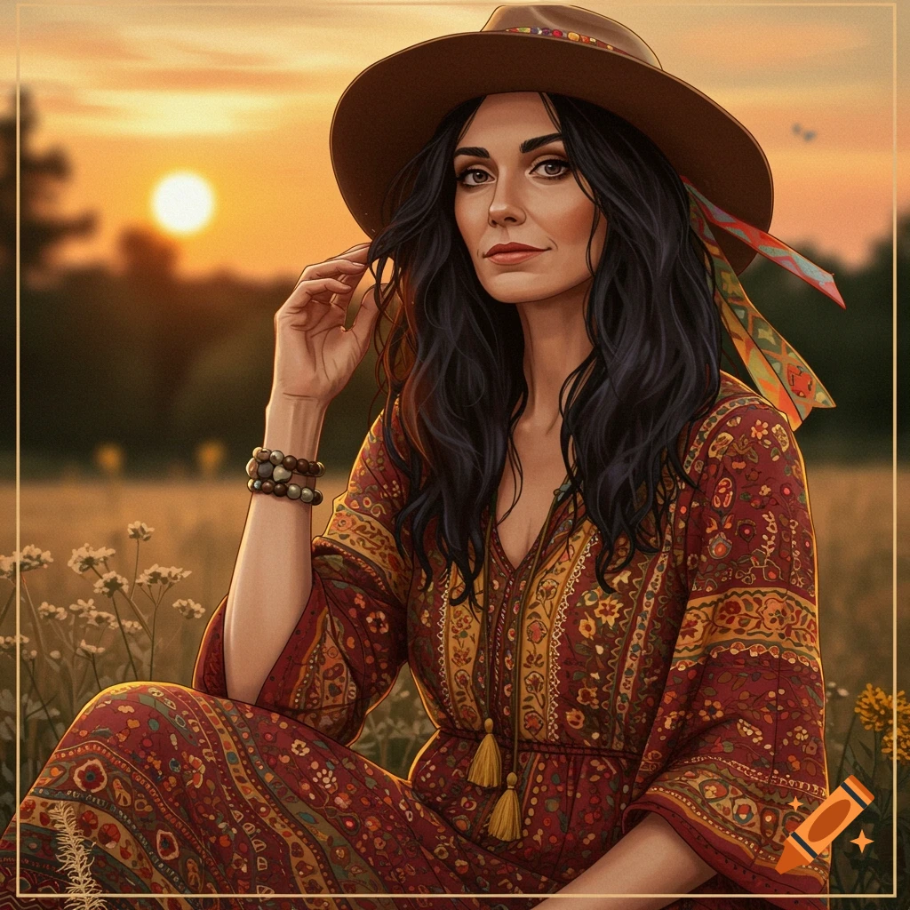 A woman in a boho hat and patterned dress sits in a field at sunset.