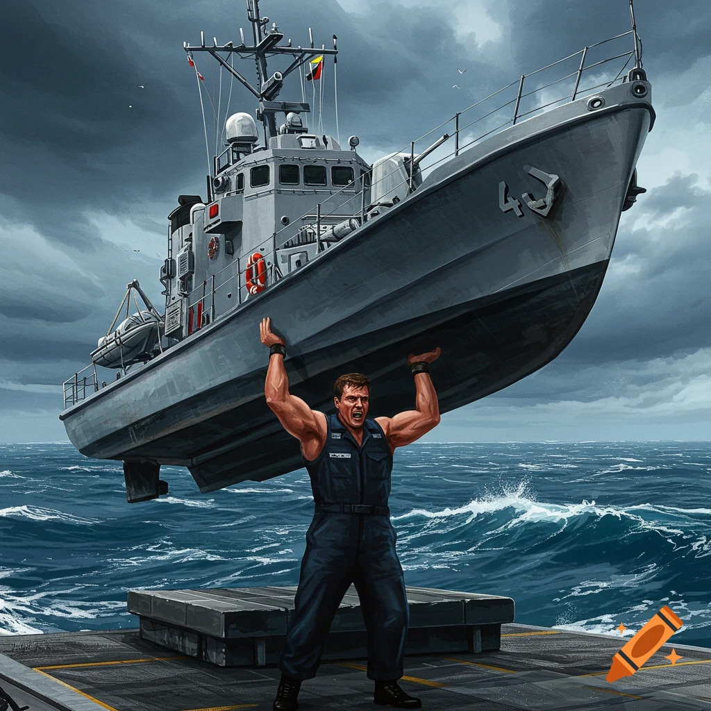 Muscular man in uniform lifting a large grey boat out of a stormy sea, illustration.