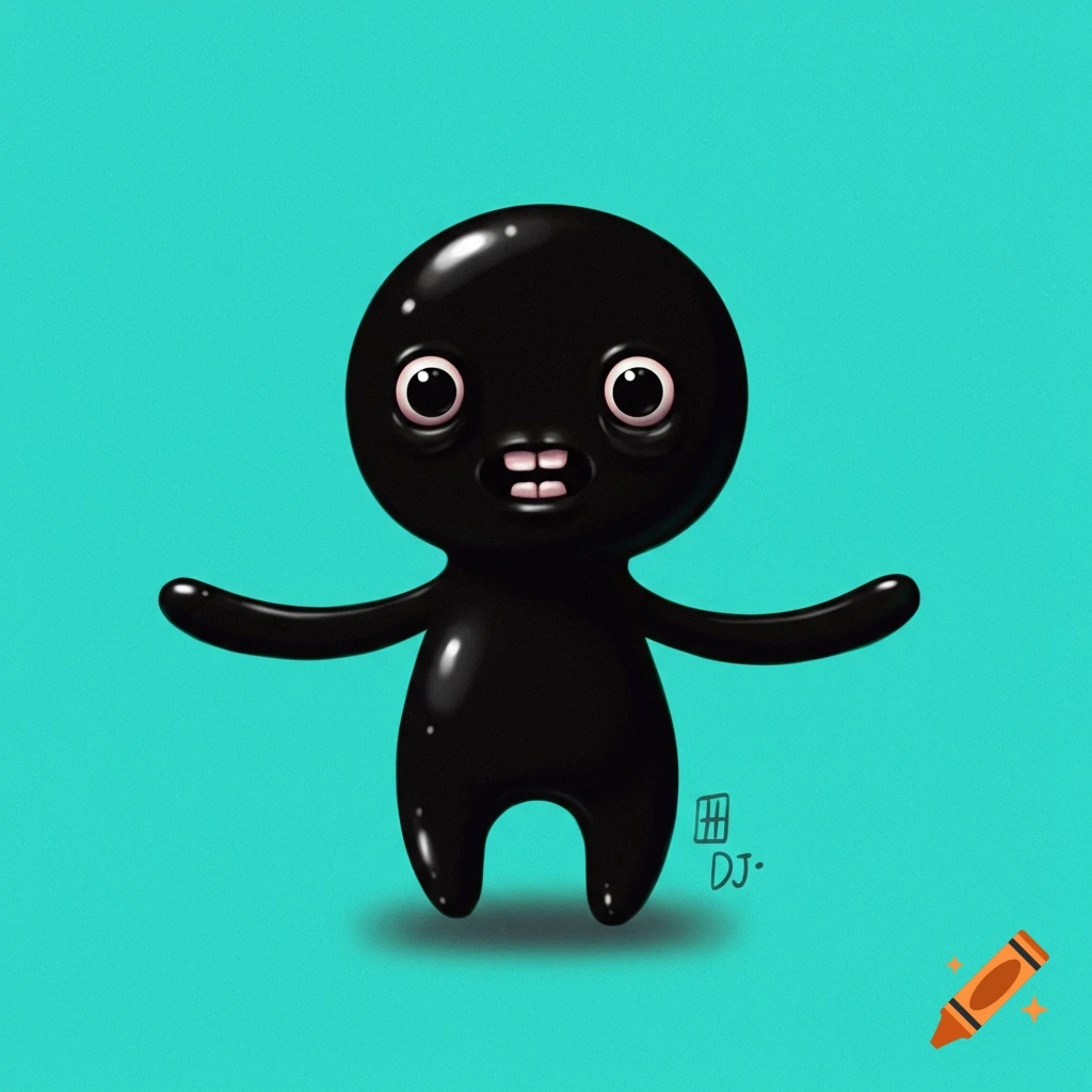 A shiny black cartoon character with big eyes, a derpy smile, and outstretched arms stands against a teal background.