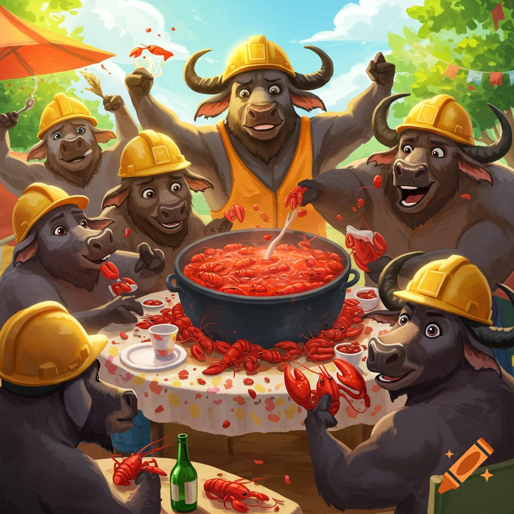 Cartoon buffaloes in hardhats eat crawfish at an outdoor party.