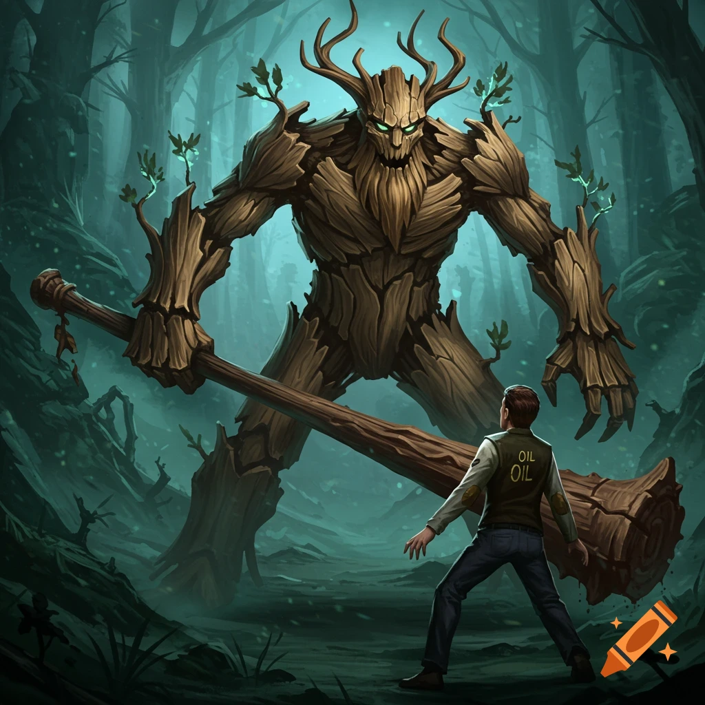 A large wooden monster (Treant) towers over a man in a dark forest, holding a club. The man wears a vest labeled 'OIL OIL'.