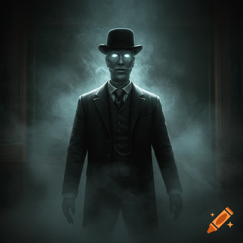 Spectral man in a suit and bowler hat stands in smoke with glowing eyes.
