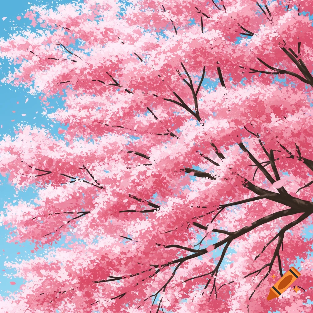 Illustration of a cherry blossom tree with pink flowers against a blue sky.