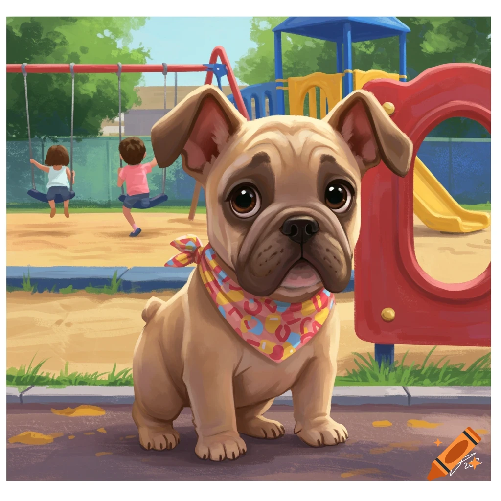 A cute bulldog sits in front of a playground with children on swings in the background in an illustration.