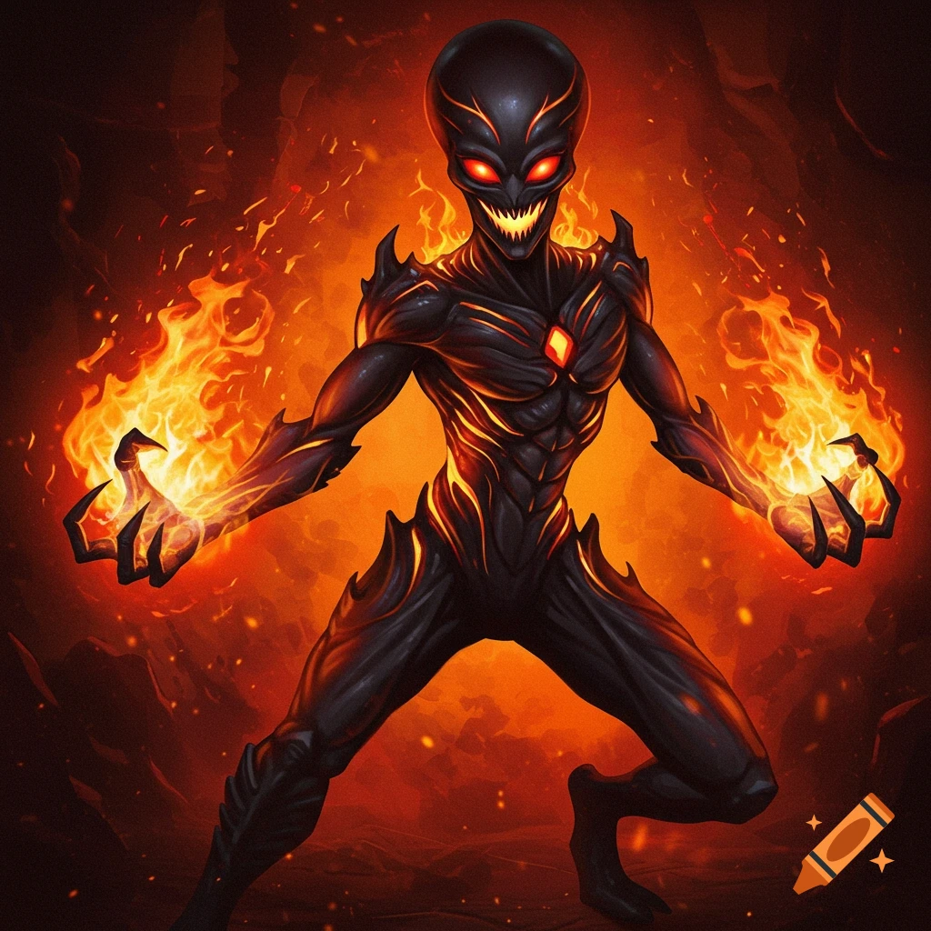 A black alien monster with glowing red eyes and sharp teeth, holding fire in its hands in a fiery environment.