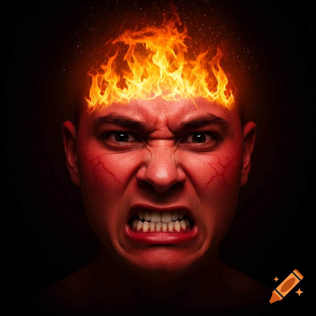 Close-up of a red-faced person screaming in anger with fire on their head.