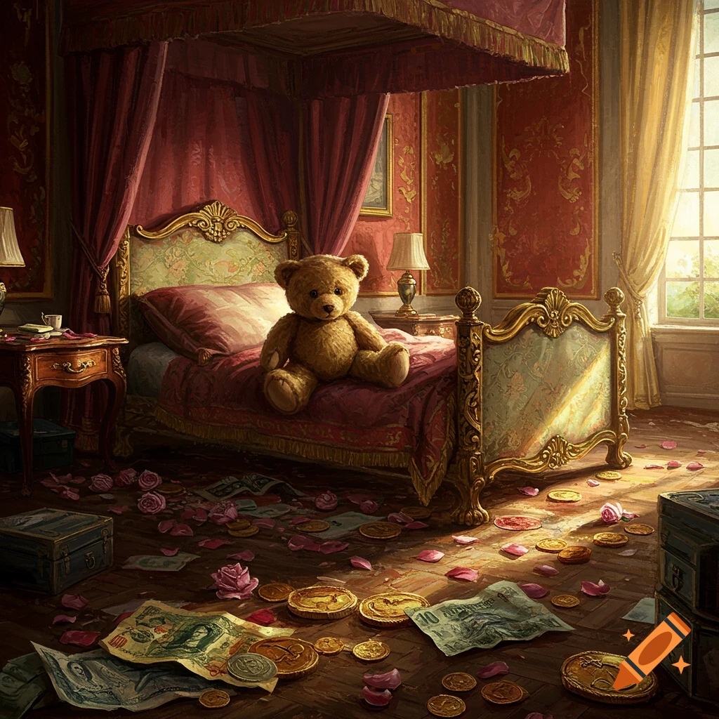 1800s painting of a teddy bear on a bed with roses and money